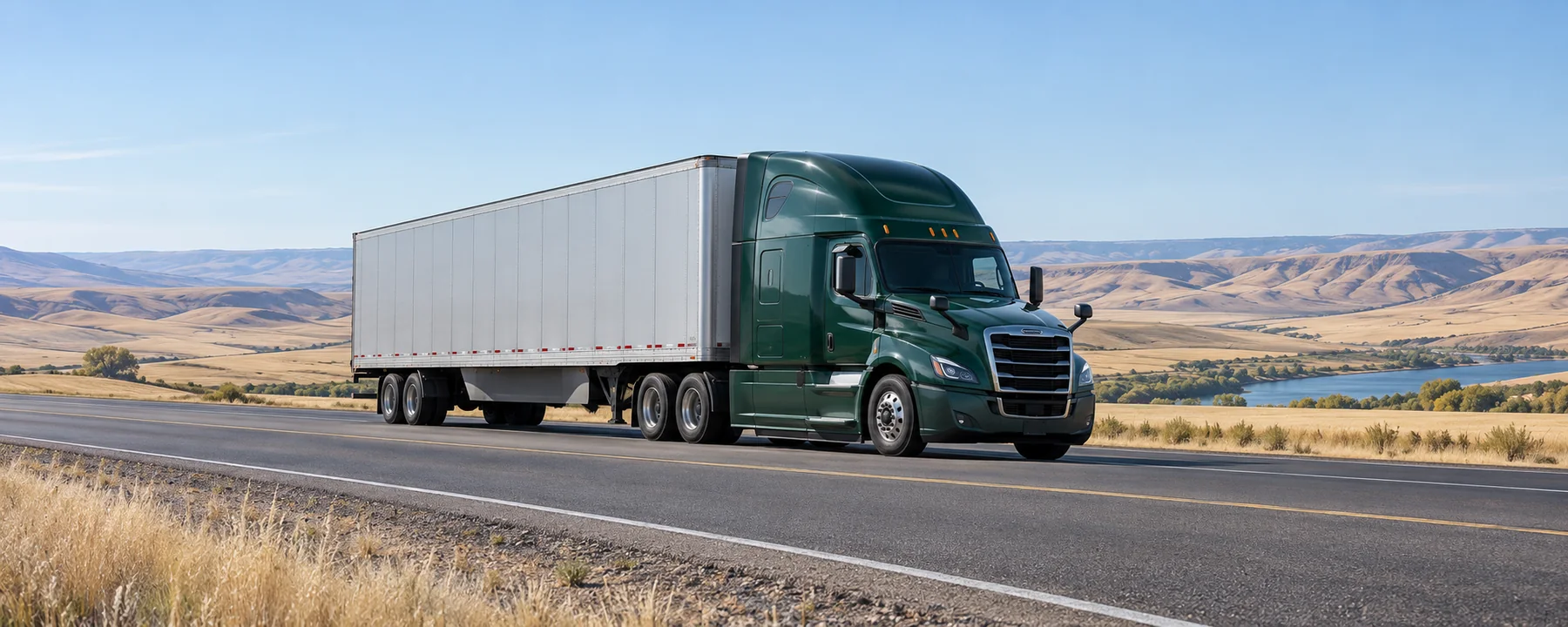 AI-generated dark green semi-truck on a road through Eastern Washington-style rolling agricultural hills