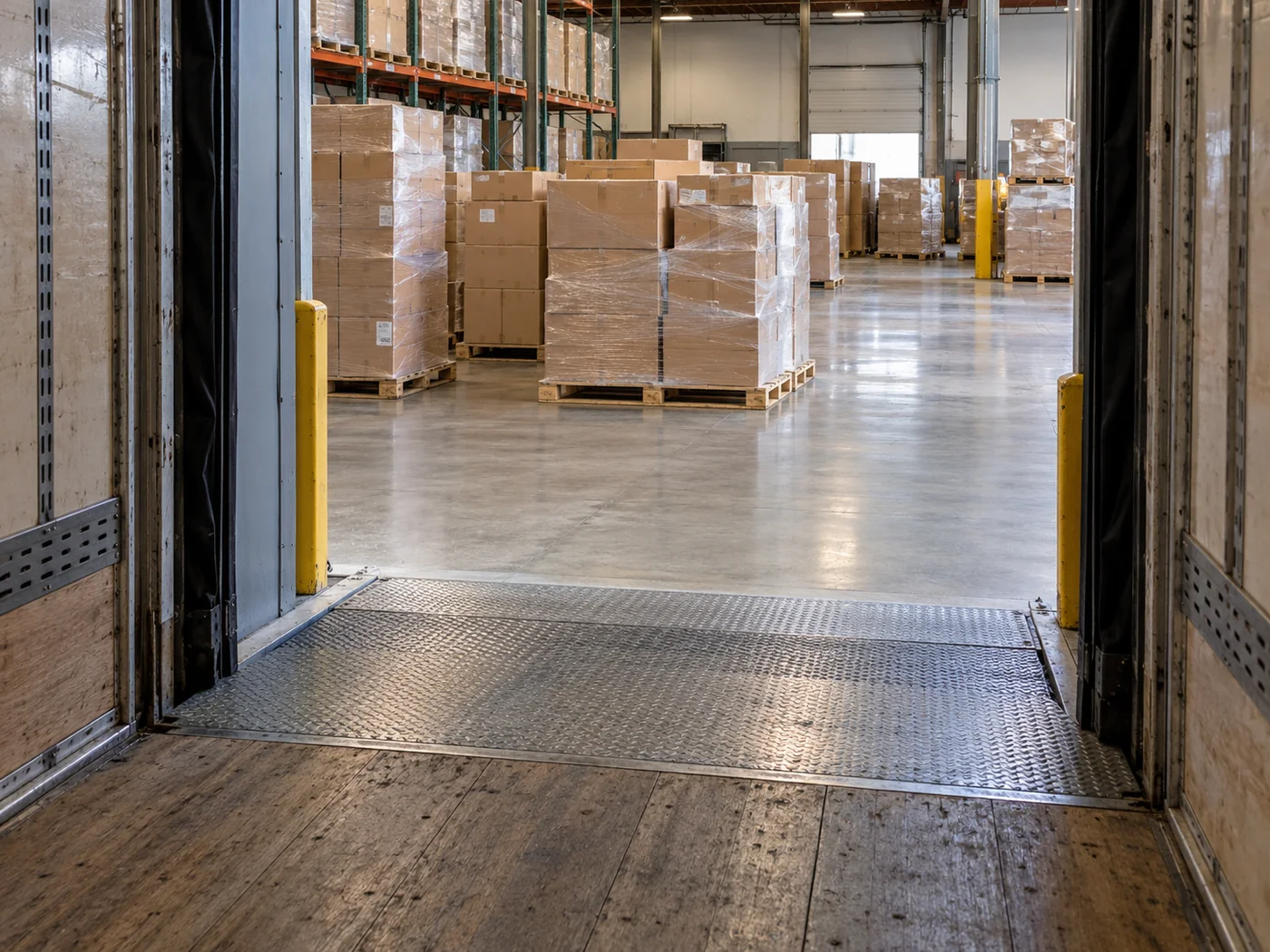 AI-generated view from a trailer toward a warehouse loading bay with palletized boxes
