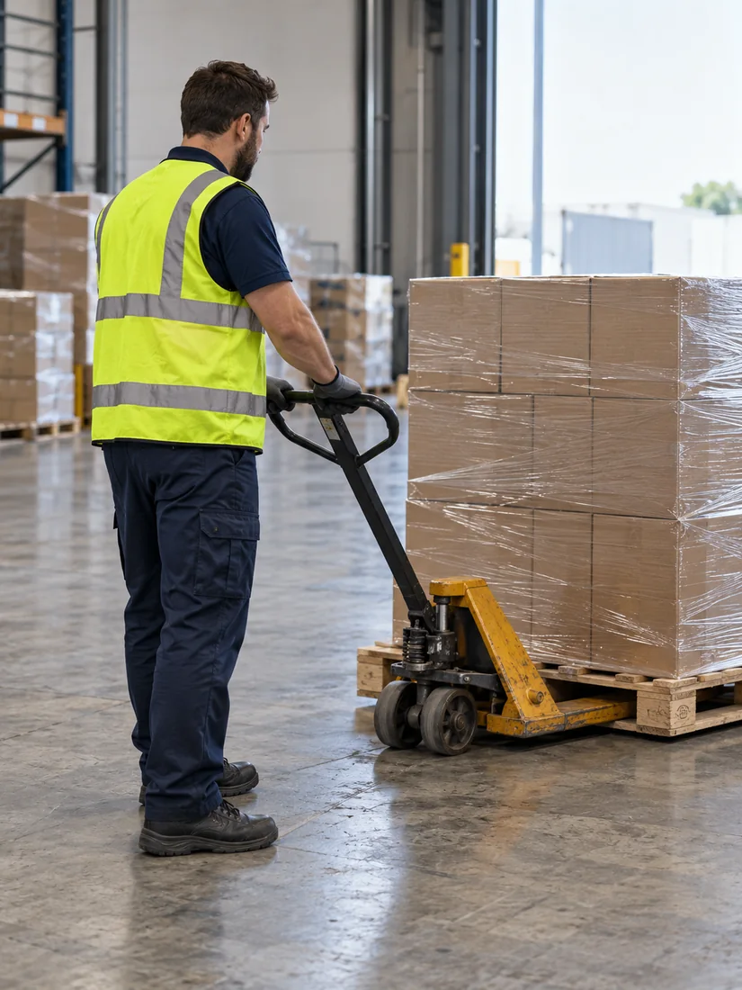 AI-generated warehouse worker using a manual pallet jack beside cargo